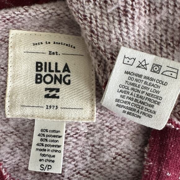 NWOT Billabong Hoodie Pullover Sweatshirt Small Burgundy Beige Stripe Fleece - Picture 8 of 9